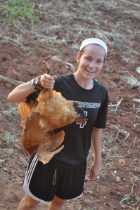 Dave offered 10,000 Ugandan shillings (equiv. $4) to anyone who would catch one of the chickens at the Village. Sela took him up on it.